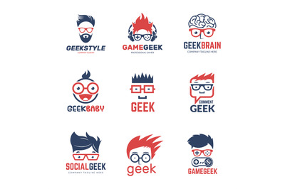 Geek logo. Business identity of smart programmers thinking nerd comput