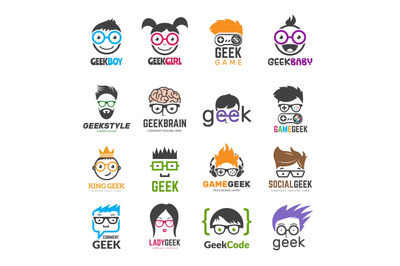 Geek logotypes. Identity for smart kids computer programmers education