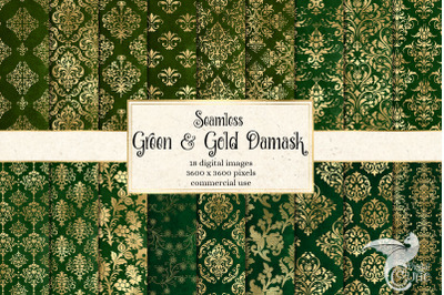 Green and Gold Damask Digital Paper