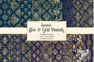 Blue and Gold Damask Digital Paper