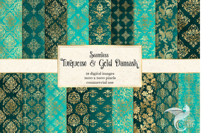 Turquoise and Gold Damask Digital Paper