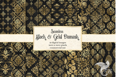 Black and Gold Damask Digital Paper