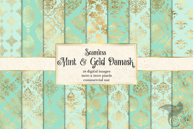 Mint and Gold Damask Digital Paper