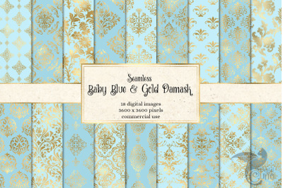 Baby Blue and Gold Damask Digital Paper