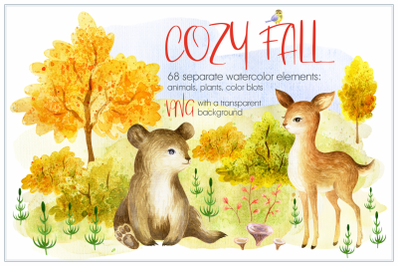 Cozy Fall. Watercolor animals and plants