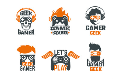 Gamers badges. Joystick video gaming old school labels for smart geek