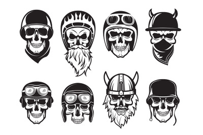 Skull bandana helmet. Bikers rock symbols tattoo vector black pictures