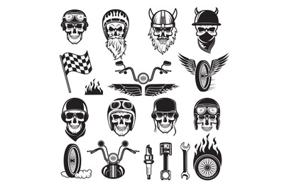 Biker symbols. Skull bike flags wheel fire bones engine motorcycle vec