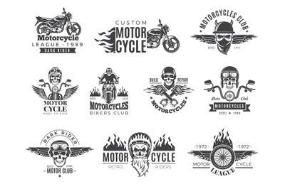 Motorcycle labels. Biker badges with speed symbols engine motor race c