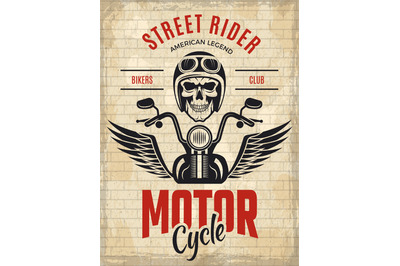 Retro poster bikers. Skull motorcycle gang rider concept placard vecto