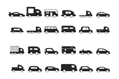 Car icons. Pictograms of black transport truck suv minivan vector silh