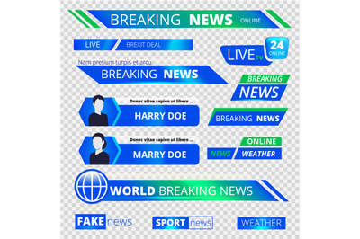 News graphic banners. Breaking television broadcast sport header banne