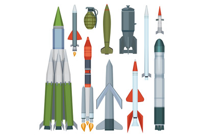 Missile collection. Defense flight armour military weapons vector cart