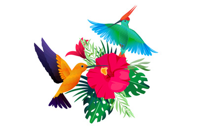 Tropical birds plants. Exotic colored background with parrots and humm