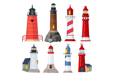 Lighthouses collection. Night sailing building in seaport security sea