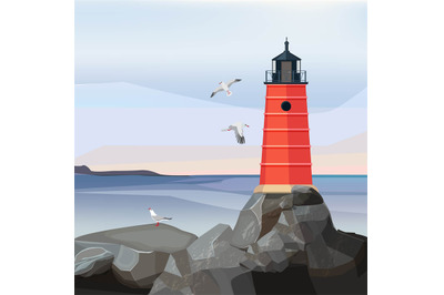 Sea landscape lighthouse. Ocean or sea water with night navigation saf