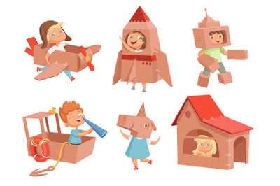 Cardboard kids playing. Childrens games with paper containers making a