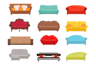 Sofa collection. Comfortable couch and sofa-bed set, interior fashion