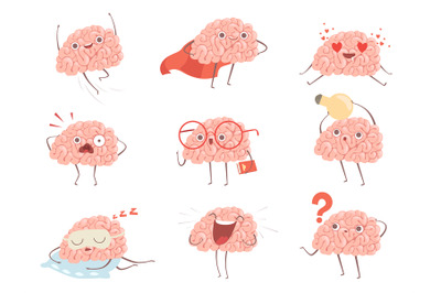 Brain characters. Cartoon mascot making different sport exercises brai