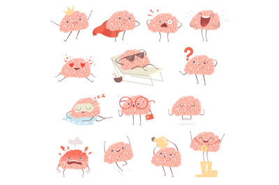 Brain cartoon. Happy cartoon mascot in action poses walking sleeping m