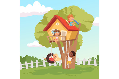 House on tree. Cute children playing in garden nature climbing vector