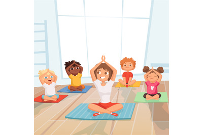 Yoga kids group. Children making exercises with instructor in gym vect