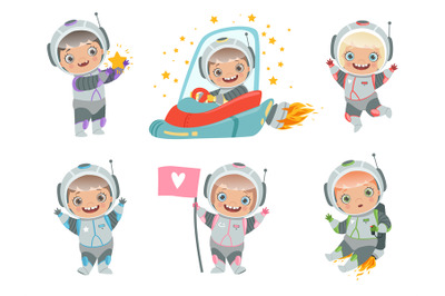 Kids astronauts. Children funny characters in space suit spaceman vect