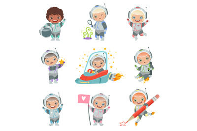 Childrens in space. Kids astronauts funny vector characters in rocket