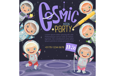 Kids party invitation. Astronauts childrens cartoon space background w