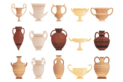 Old ancient vessel. Clay jug cups and amphoras with patterns ceramics