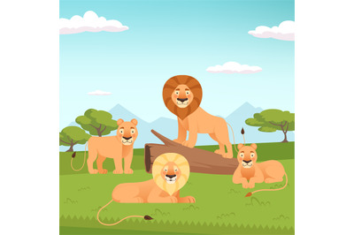 Lion pride landscape. Wild fur animal hunters background vector zoo co