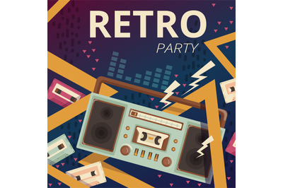 Retro radio poster. Typography design camera music cassette recorder v