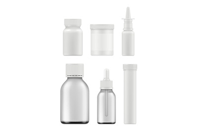 Medicine bottles mockup. Realistic pharmaceutical packages supplement