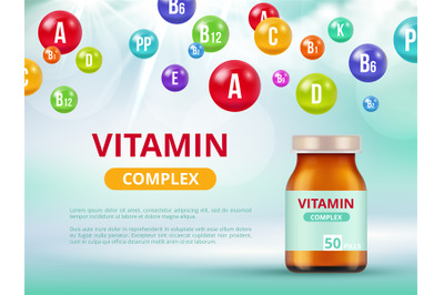 Vitamins poster. Medical bottles with multivitamins mineral colored pi