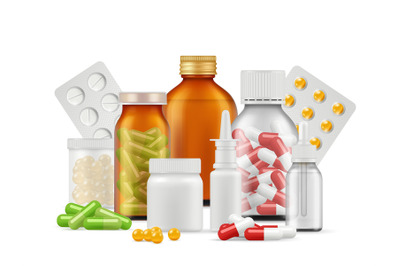 Medical bottles and pills. Medications aspirin antibiotic drugs tablet