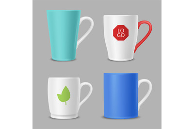 Mockup mugs. Business identity office cups with logos colored vector t