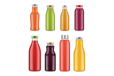 Juice bottles. Transparent jar and packages for colored liquid food an