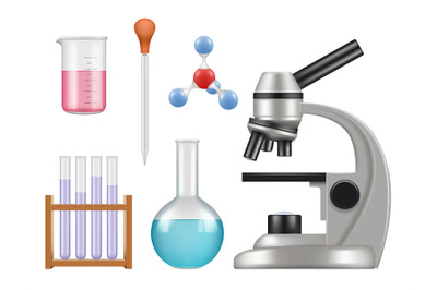 Chemical lab items. Science laboratory collection bottles microscope g