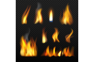 Fire realistic. Red orange tongue of flame blazing 3d vector collectio