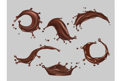 Chocolate splashes. Liquid cacao food hot drink vector realistic templ