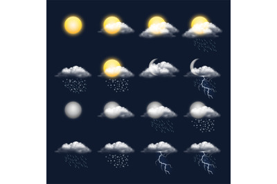 Meteo realistic icon. Clouds sun rain wind snow vector weather symbols