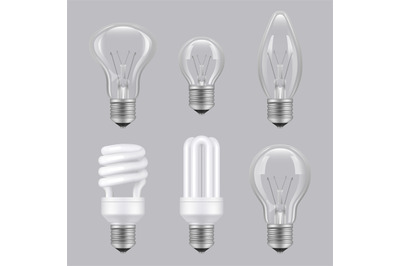 Realistic bulbs. Lighting electricity glass transparent lamps vector c