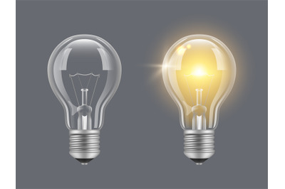 Turn on bulb. Light realistic transparent bulb bright lamp vector pict