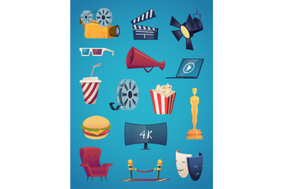 Cinema icon collection. Movie theatre entertainment cartoon pictures v