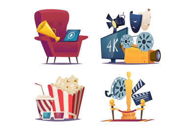 Cinema cartoon. Entertainment conceptual collections with symbols of c