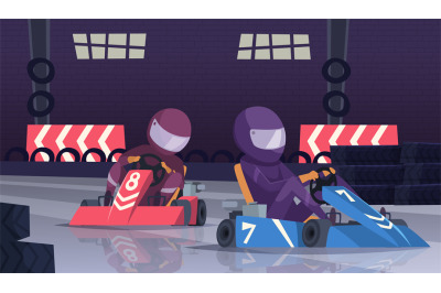 Karting sport competition. Racers in helmet in fast cars on speed trac