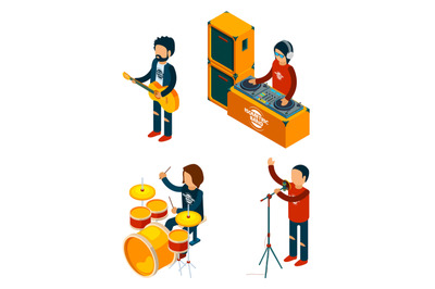 Music entertainment isometric. Singer rock musician crowd drummer viol