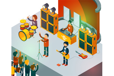 Concert scene. Isometric rock band singing people entertainment crowd