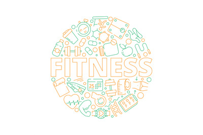 Sport circle background. Fitness symbols in round shape gym sport pers