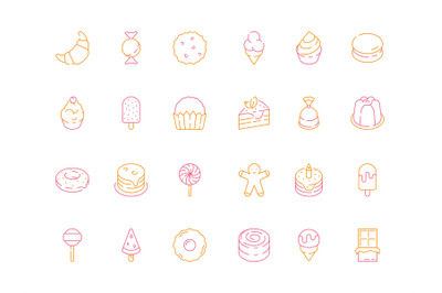 Colored dessert icons. Birthday sweets cakes candy tiramisu delicious